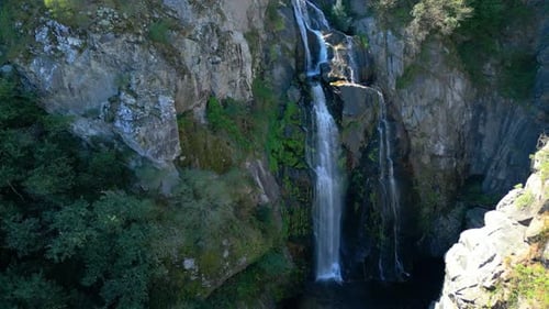 Fervenza do Toxa (Toxa Waterfall) Seen From The Air During Summer In Silleda, Pontevedra, Spain