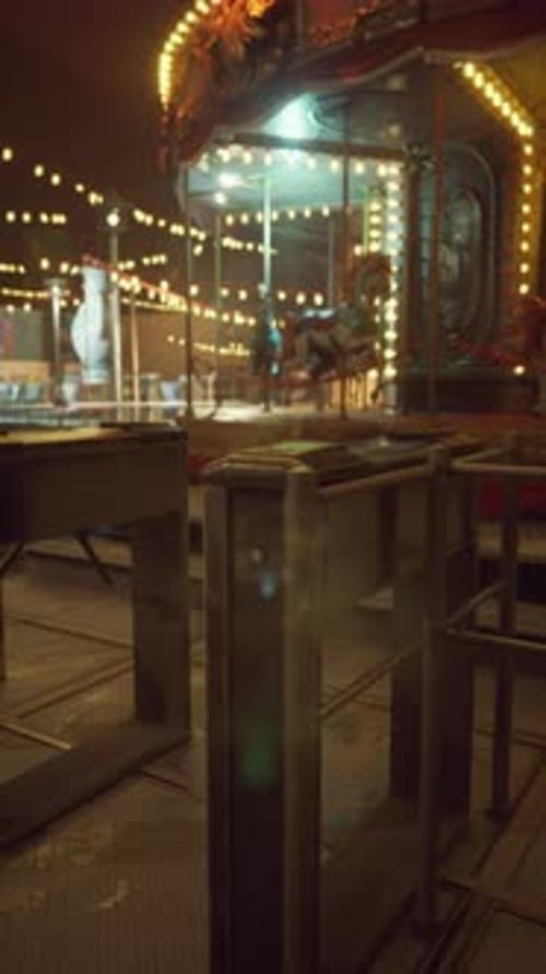 Illuminated Merry Go Round in Deserted Amusement Park