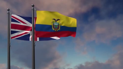 United Kingdom and Ecuador Flags Waving Together in Blue Sky