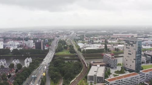 Aerial view of Bremen cityscape with river, Germany.