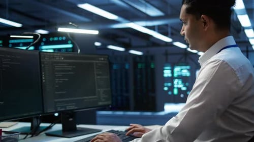 Portrait of Smiling Technician in Data Center Managing Infrastructure