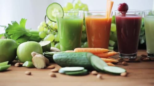 Colorful Fruit and Vegetable Juice Variety on Table