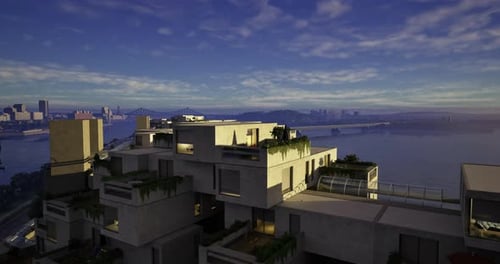 Diseño arquitectónico moderno con vistas a un río en el crepúsculo de la ciudad