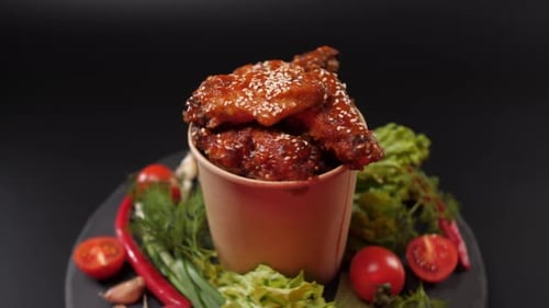 Spicy Chicken Wings Doused in Sauce Swirl in a Paper Bucket on a Dark Stone Plate