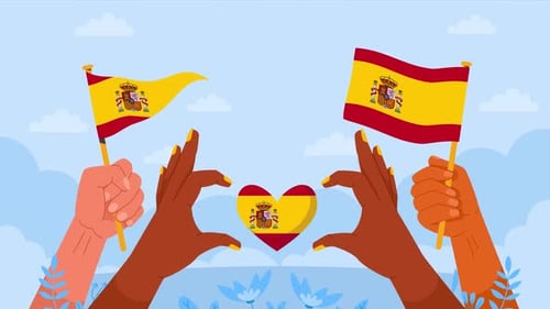 Flat Design Animation: Hands Holding Spanish Flags and Forming a Heart