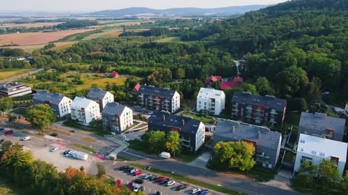 Modern Residential Houses Surrounded By Forest and Mountains Aerial View