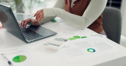 Online, data entry and hands with laptop, office and risk assessment with stats analysis