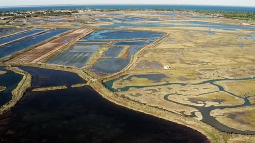 Large drone view mudflat Of The Natural Reserve Of Lilleau Des Niges On The Ile De Ré Island,