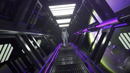 Technology and Future Concept Astronaut Walking in Spaceship Tunnel Scifi Shuttle Corridor Purple