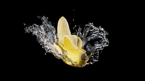 Peeled Banana Rotating with Dynamic Water Splash