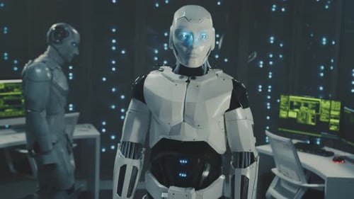 Humanoid Robot Diligently Surveys Data Center Illuminated By Green Screens and Dotted Light Patterns