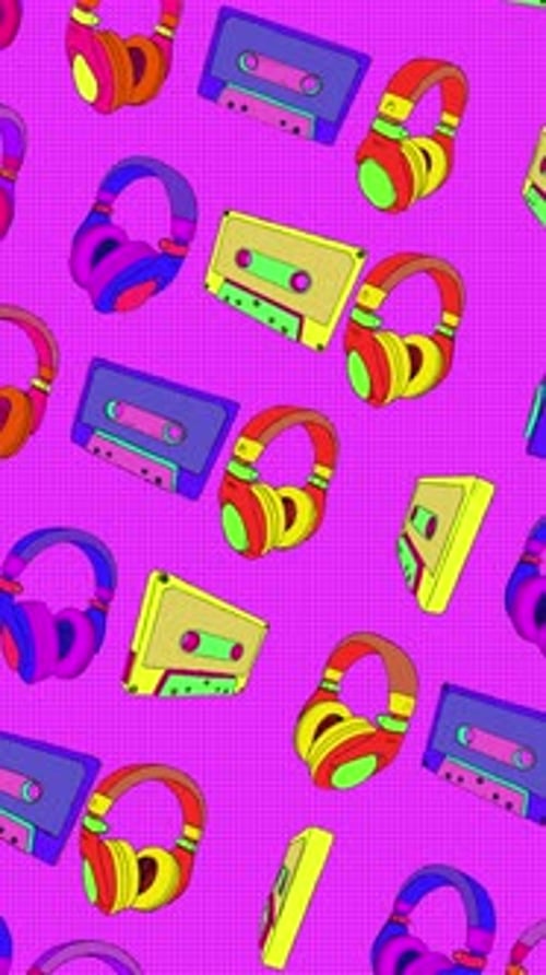 Retro 80s Music Headphones and Cassette Tapes Loop