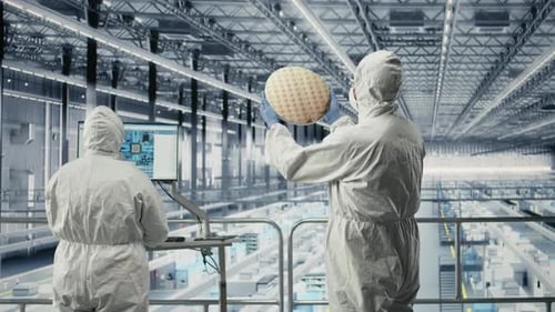 Evaluating Silicon Wafer Prototype Engineering and Team Analyzing Microchips