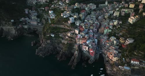 Riomaggiore Southern Village Of The Cinque Terre In La Spezia Province, Italy. Aerial Shot