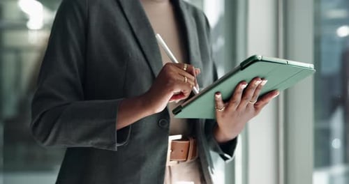 Hands, writing and tablet with stylus at company, office and planning with review