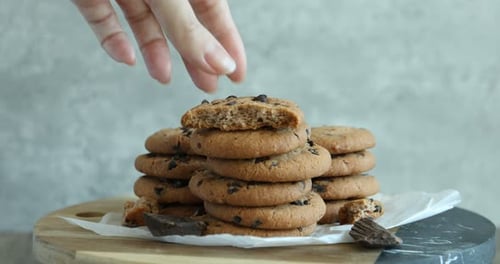 Delicious Chocolate Chip Cookies on Wooden Serving Board