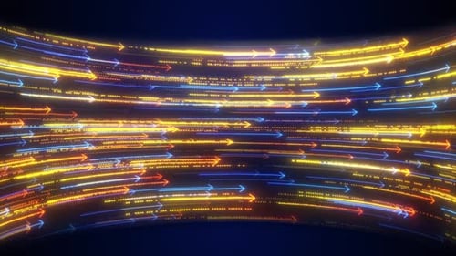 Leuchtender Neonpfeil-Kurvenbildschirm mit blinkender Punktanimation und gebogenem Display-Hintergrund. Neonpfeil