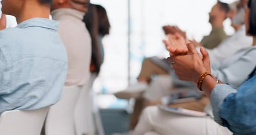 Clapping, audience and people hands in meeting conference, business workshop or seminar success