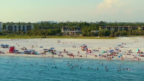 Aerial Seascape with Siesta Key Sandy Beach in Sarasota USA Many Tourists Enjoying Summer Vacation