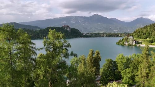 Bled Lake and Castle, Sideways Drone Flight Past Trees, Overcast Summer Day