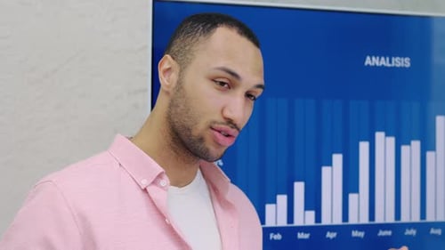 In the Corporate Meeting Room Man Analyst Uses Digital Interactive Whiteboard for Presentation to a