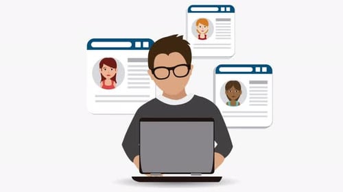 Animated Person Using Laptop for Online Networking