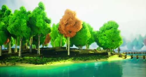 Lush Island Landscape with Vibrant Trees and Tranquil Water During Daylight