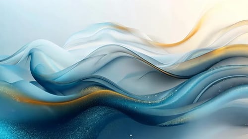 Abstract flowing waves of vibrant blue and gold. Delicate, ethereal, and dynamic liquid forms