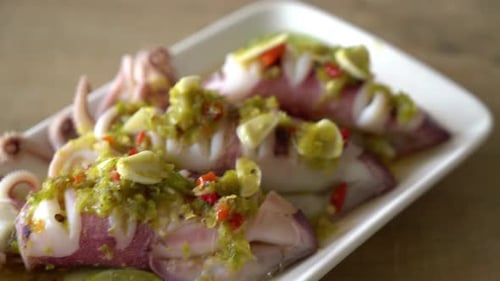 Squid with Spicy Green Sauce Close Up