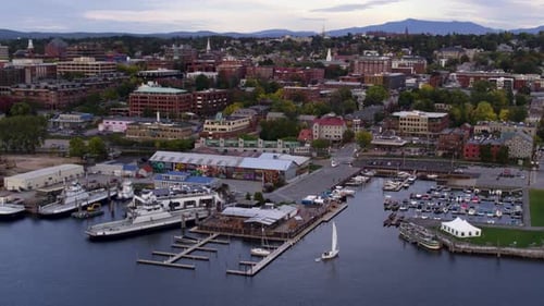 Burlington Vermont, Sunset Flying Aerial Drone Shot New England Slow Motion