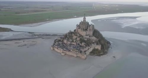 Drone aerial shot of Mont Saint Michel in Normandy France.