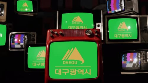 Flag of Daegu, South Korea, on a Stack of Vintage Televisions. 4K.
