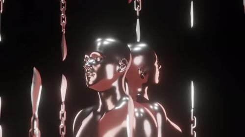 Abstract Metallic Humanoid Figures with Falling Chains Animation