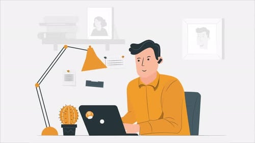 Empresario en naranja, portátil de trabajo 4K