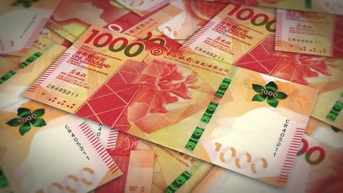 Pile of hong kong dollar cash money, inflation concept. Closeup new hong kong thousand dollar