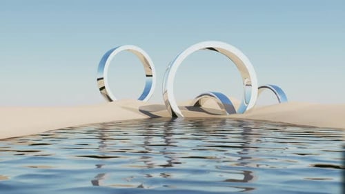 Surreal Abstract 3D Render of Reflective Chrome Rings on Sand Dunes