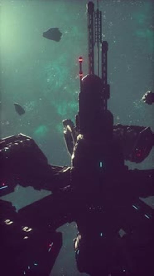 The Futuristic Space Station is Exploring a Space Nebula Vertical