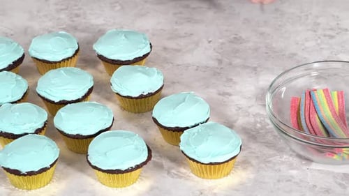 Decorating Chocolate Cupcakes with Buttercream Frosting and Rainbow Candy
