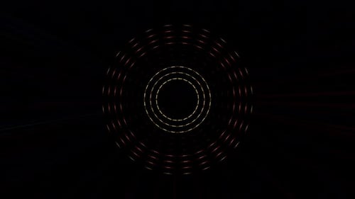 abstrakte Linien, buntes Licht, glänzende runde Form in der Mitte, schwarzer Hintergrund