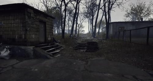 Abandoned Post-Apocalyptic Landscape with Dilapidated Buildings and Bare Trees