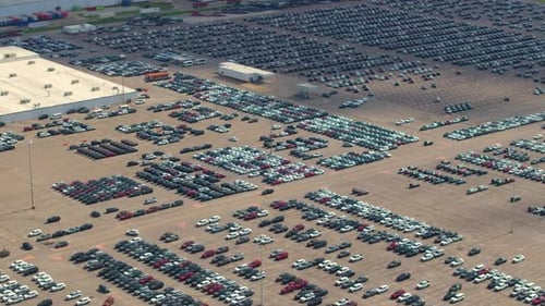 New Cars Stock at Production Factory Parking Lot Vehicles Parked in a Row at Dealer Port Terminal