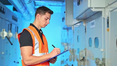 Young Engineer Performs Diligent Electrical Panel Inspection