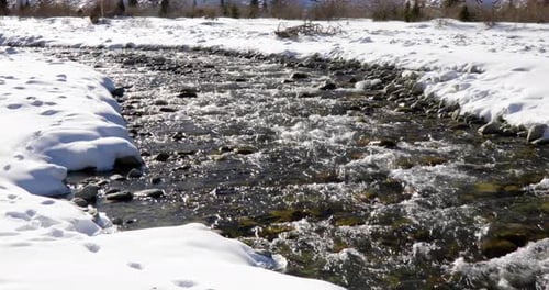 Closeup of mountain river flowing in the winter park