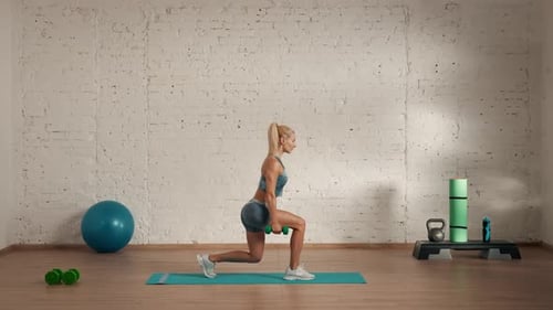 Healthcare and Wellness Advertisement Concept Athletic Woman Fitness Coach Doing Leg Lunges with