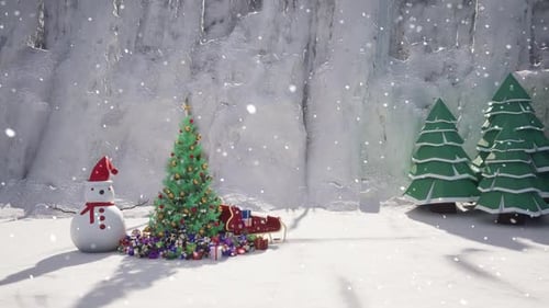 Bonhomme de neige et arbre de Noël avec fond de neige qui tombe Animation 04