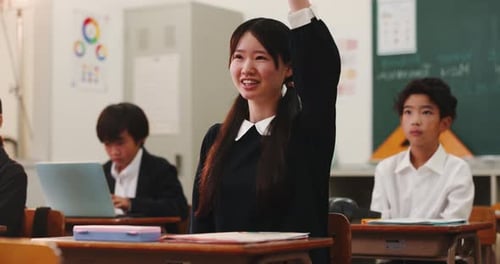 Students Raise Hands in Classroom During Lesson