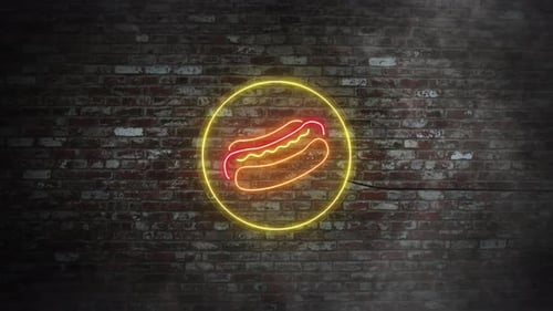 Vibrant Neon Hot Dog Sign Animation on Brick Wall