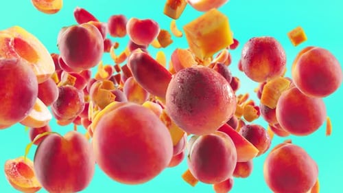 Vibrant Fresh Peaches and Slices Falling on a Bright Background