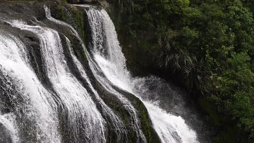Cascade Waterfall splashing on rocks and plants of dense Jungle in New Zealand - Waihi Falls,NZ