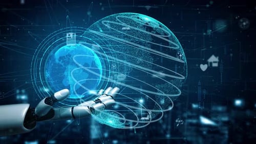 Futuristic Globe and Robotic Hand Hologram Zoom